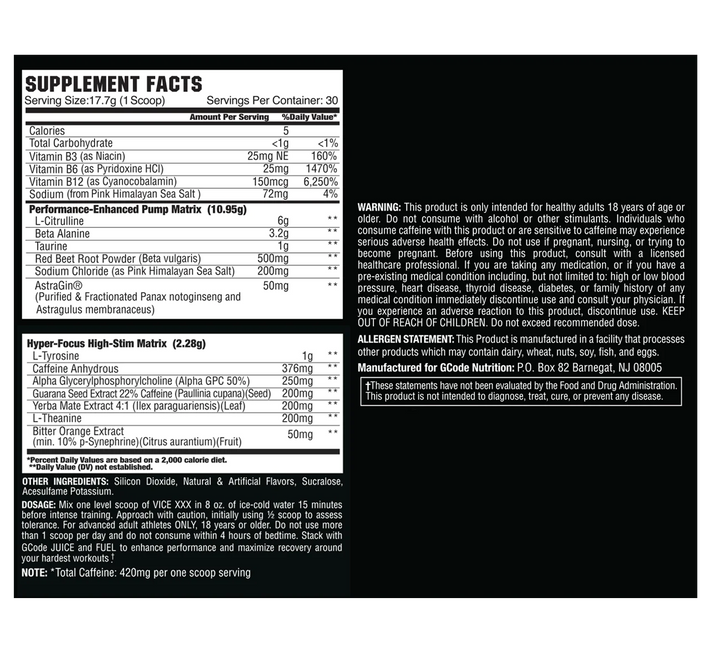 G Code Nutrition Vice XXX Trichamber Pre-workout supplement facts