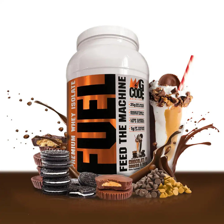 G code nutrition Fuel whey Protein Chocolate and Peanut butter oreo flavor