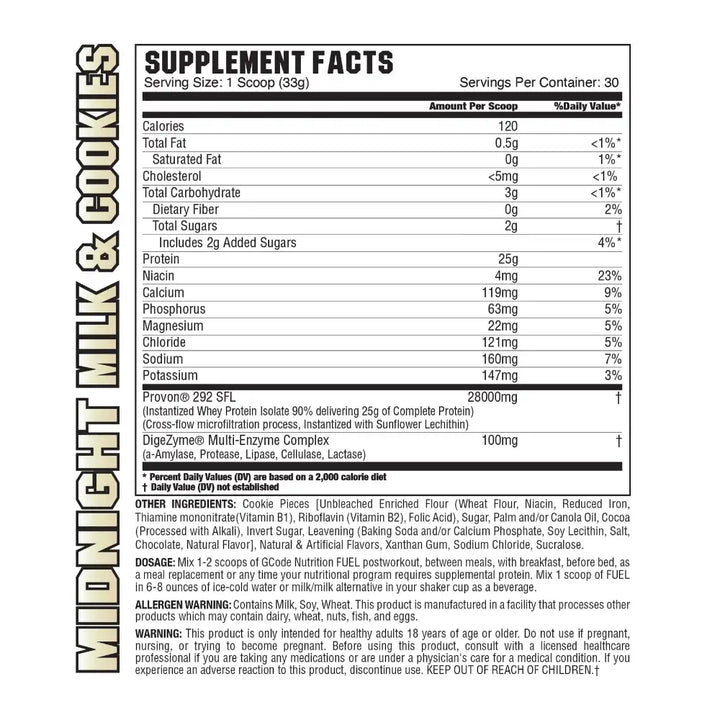 G Code nutrition Fuel Protein supplement facts