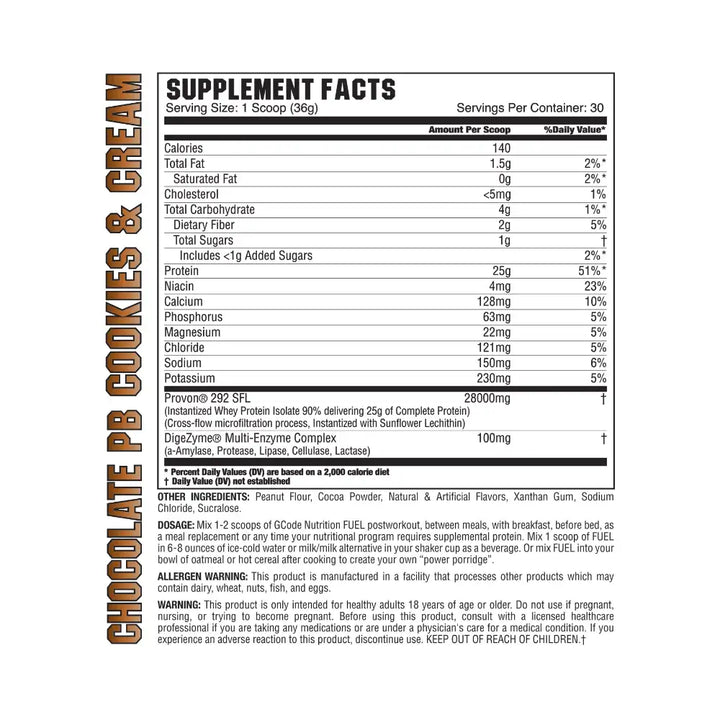 G Code Nutrition Fuel whey protein supplement facts