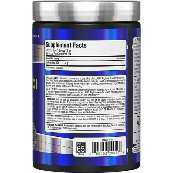 Allmax Nutrition Essentials Arginine Hcl 400g supplement facts