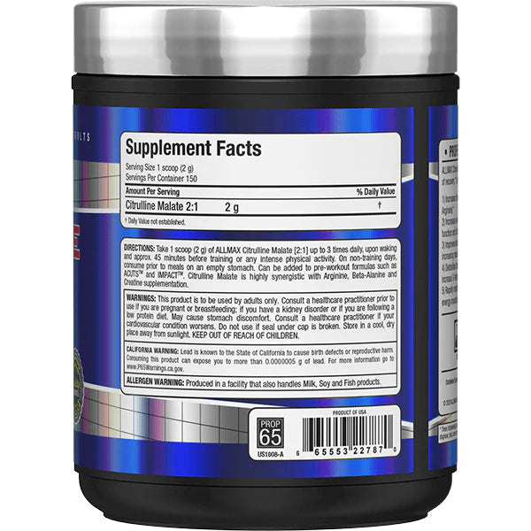 Allmax Nutrition Essentuals Citrulline Malate 2:1 Powder Supplement Facts
