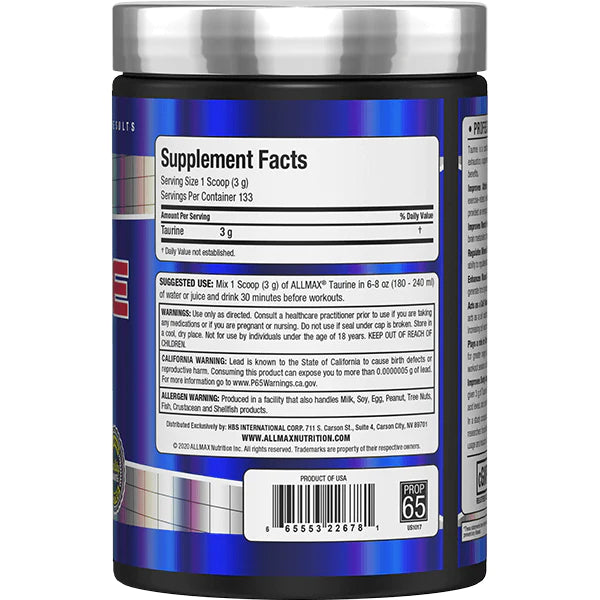 Allmax Essentials Taurine 400g Powder Supplement Facts