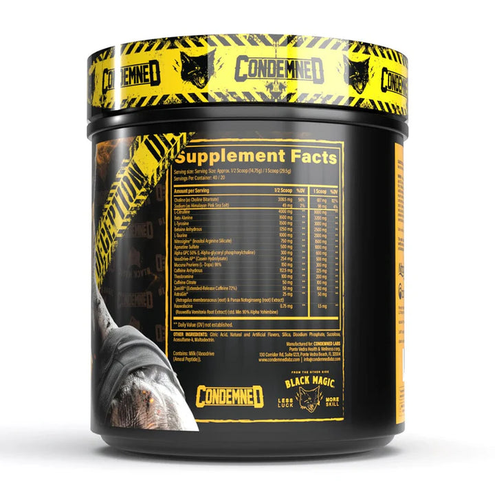 Black magic Supply X Condemned Labs Deception Pre-workout supplement facts bottle