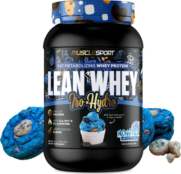 MuscleSport Lean Whey Iso-Hydro Monster Cookies flavor with real cookie pieces and chips