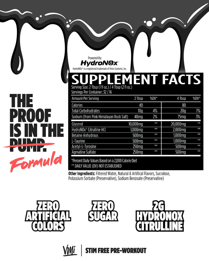 Supplement facts label for HydroNOx pre-workout supplement with black and white design.