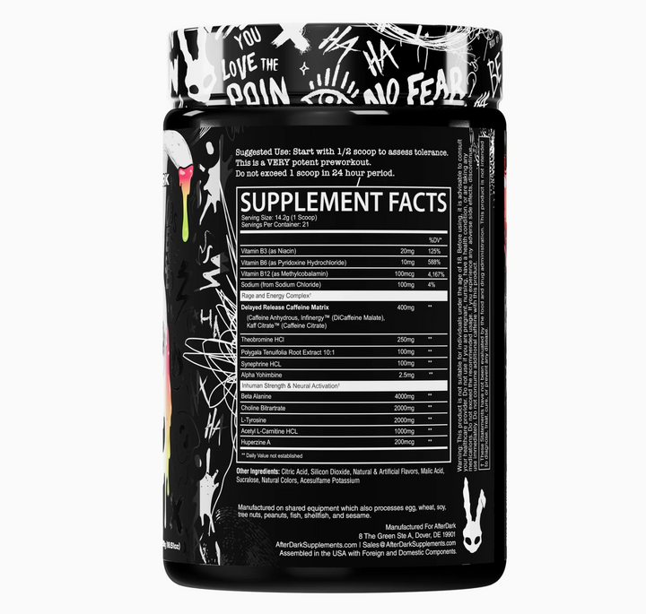 afterdark supplements inhuman face metler pre-workout supplement facts