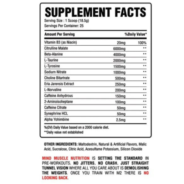 mind muscle nutrition M2 pre-workout supplement facts