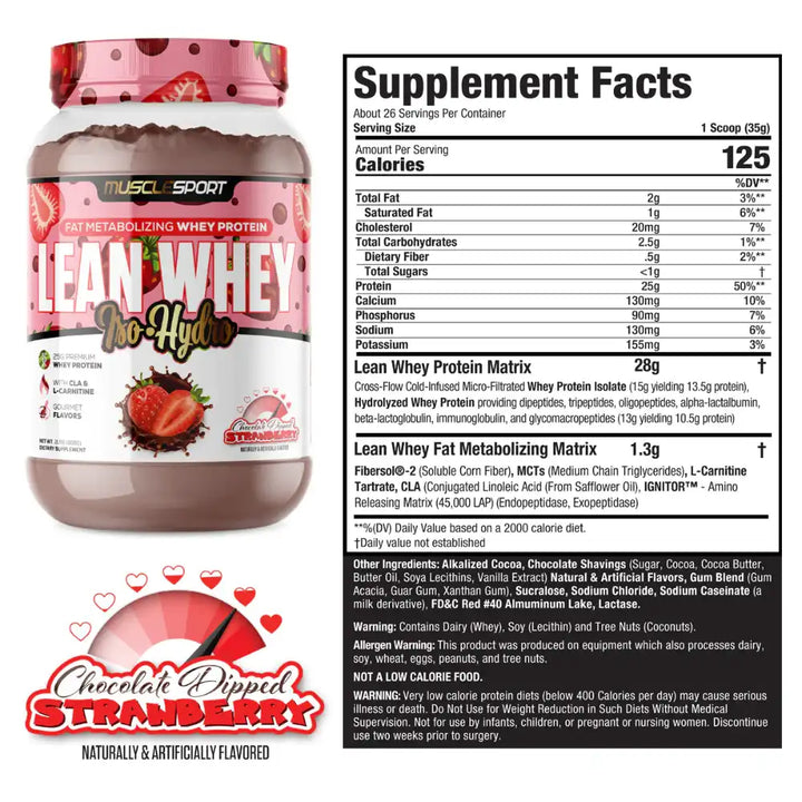musclesport lean whey chcolate dipped strawberry protein
