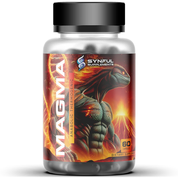 Supplement bottle labeled 'Magma' by Synful Supplements on a white background