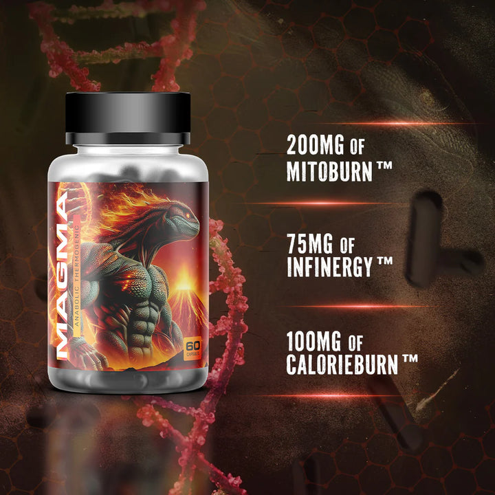 Synful Supplements MAGMA bottle with dragon design on a dark background