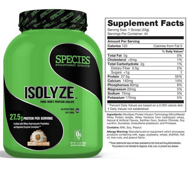 Species Nutrition Isolyze whey protein isolate vanilla peanut butter 44 servings