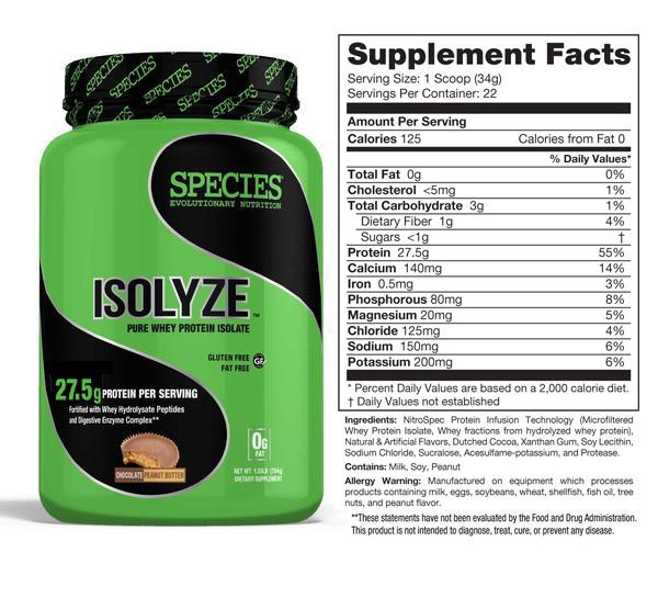 Species Nutrition Isolyze whey protein isolate chocolat epeanut butter 22 serving