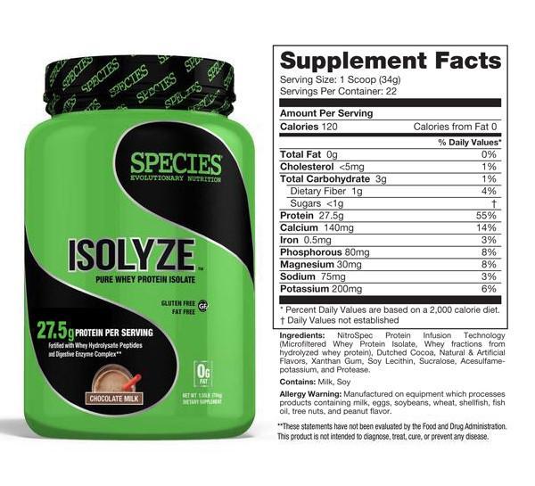 species nutrition isolyze whey protein isolate chocolate milk 22 servings