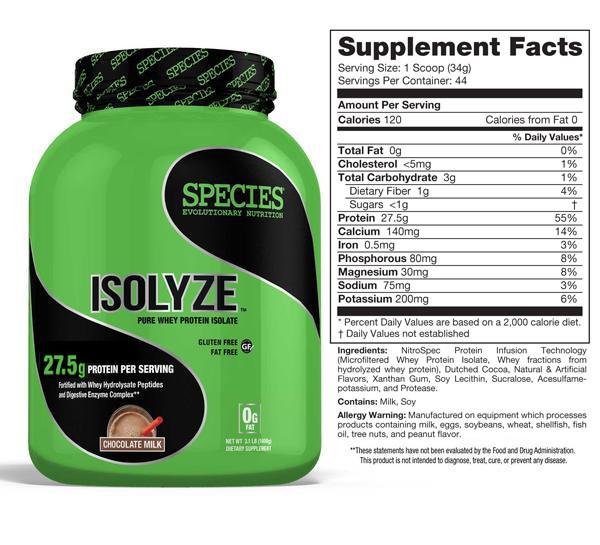 Species Nutrition Isolyze whey protein isolate chocolate milk 44 servings