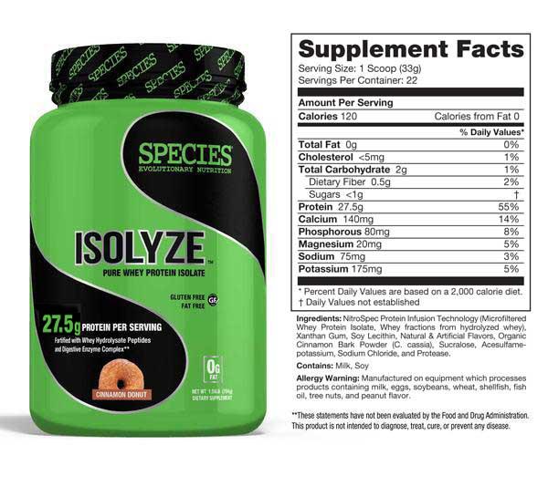 species nutrition isolyze whey protein isolate cinnamon donut 22 servings