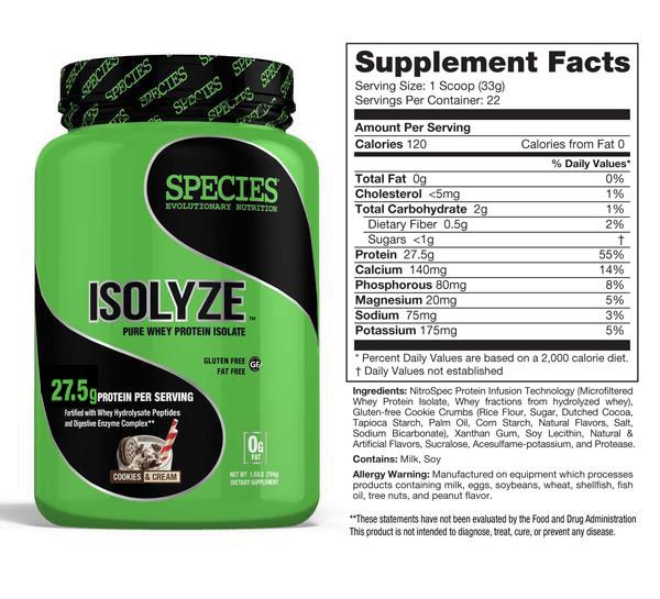 species nutrition isolyze whey protein isolate cookies and cream 22 servings