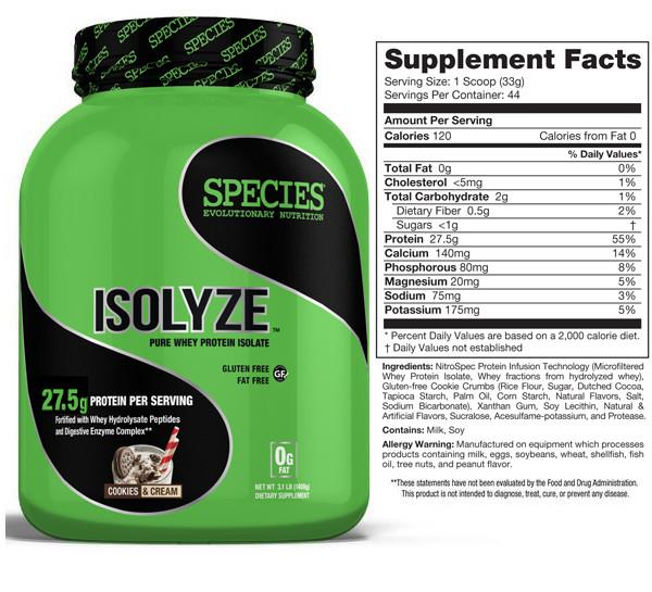 Species nutrition isolyze whey protein isoate cookies and cream 44 servings